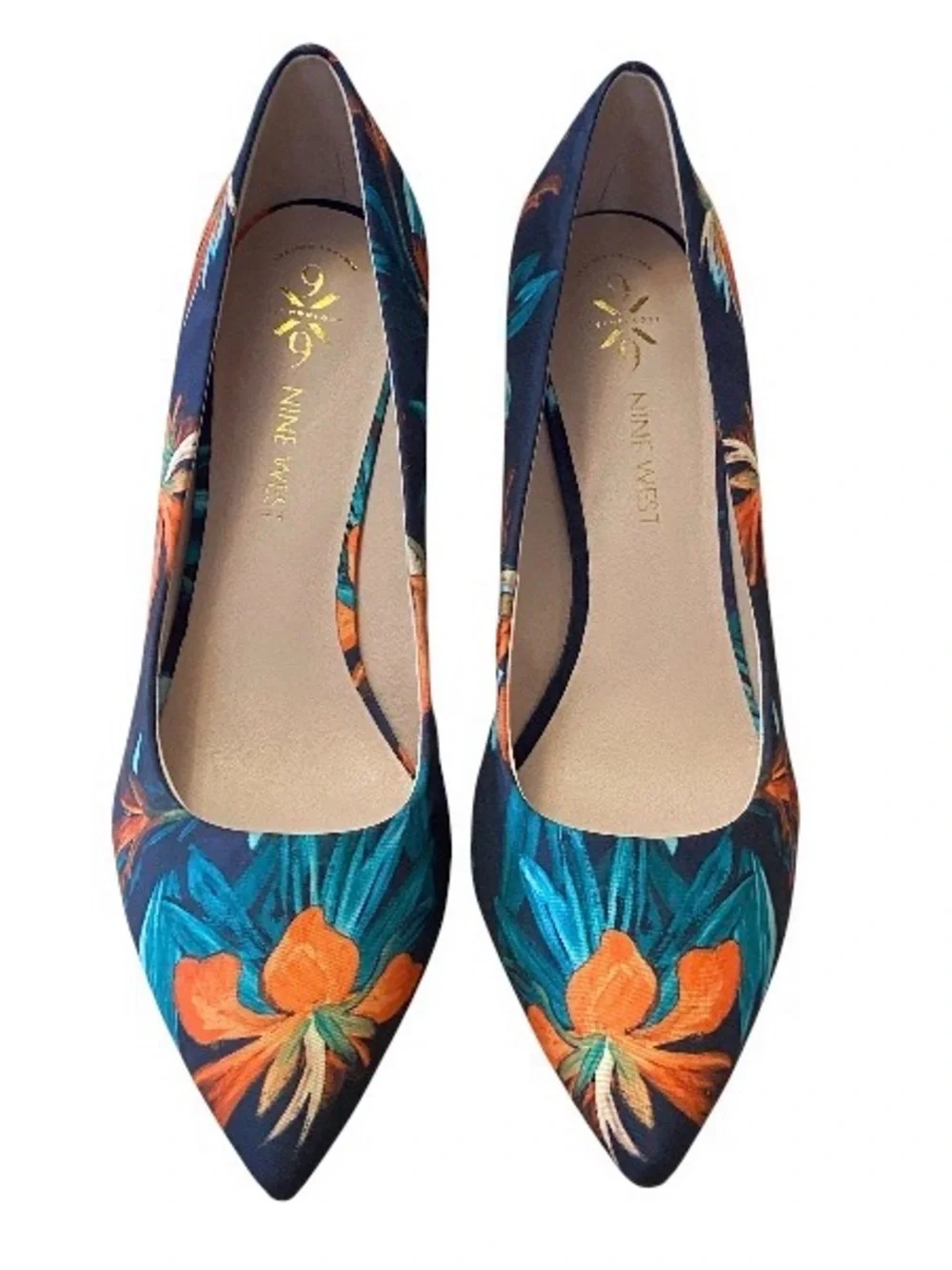 Nine West Tatiana Tropical Floral Blue Orange Fabric Pointed Toe Heels 10M